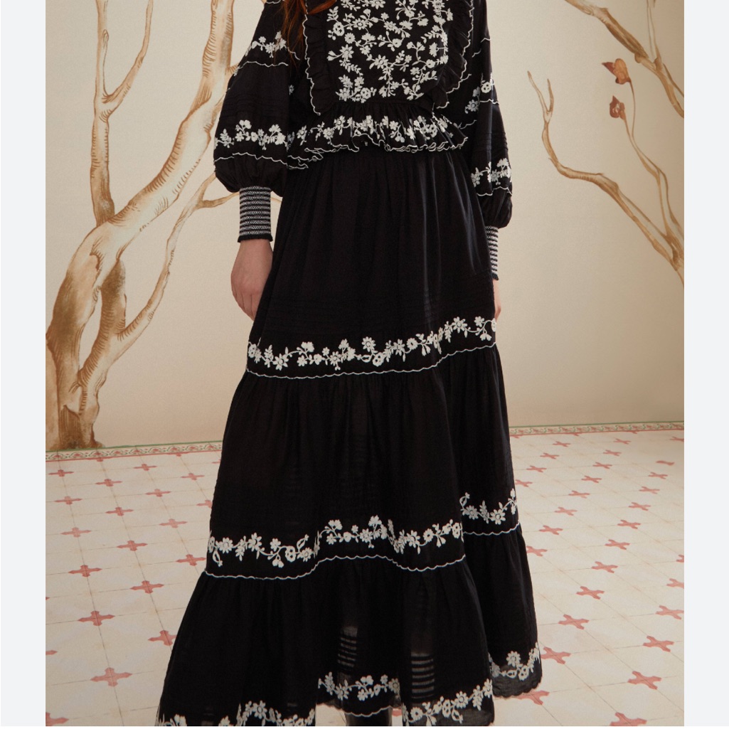 Farm Rio Embroidered Ruffle Maxi Skirt
